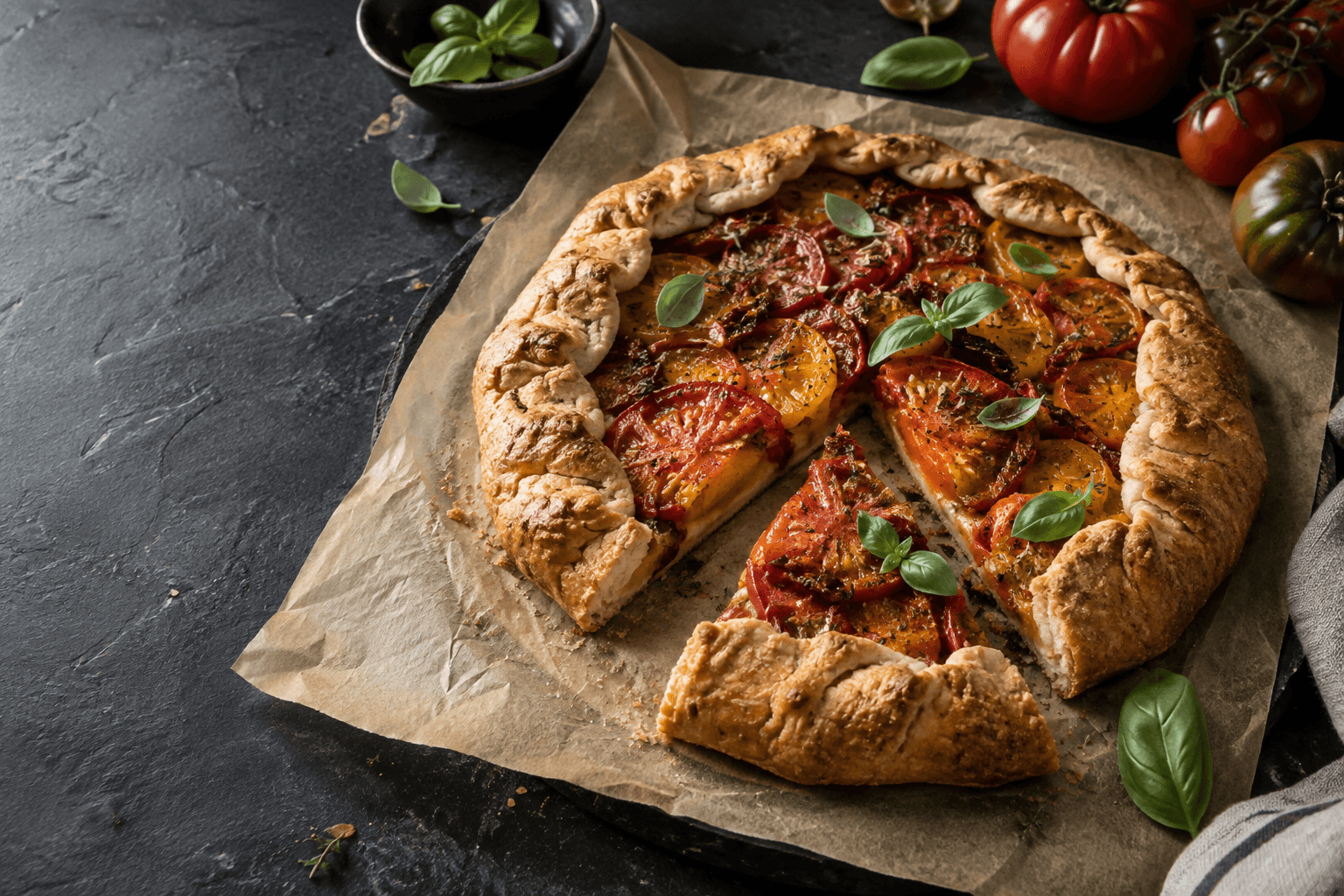 A rustic tomato and basil galette on parchment